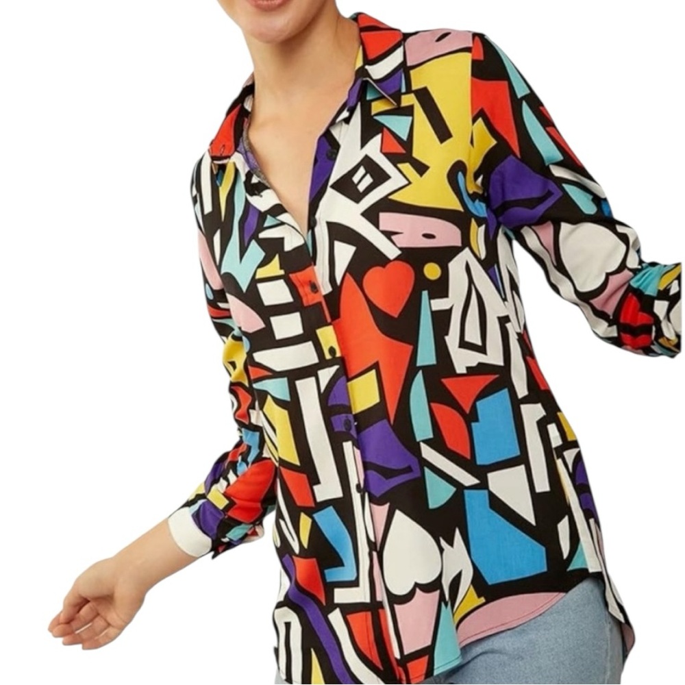 Big Dart Women’s Vintage Pop Art Button Down Long Sleeve Camp Shirt Sz M